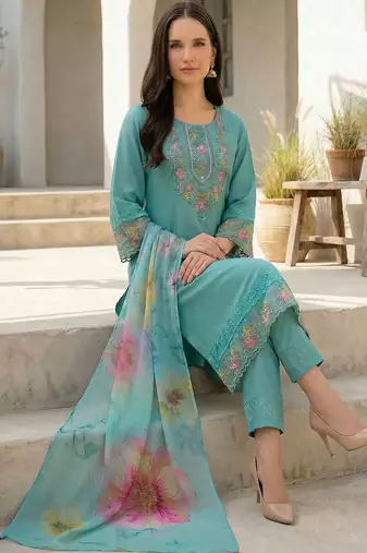 Women Floral Embroidered Regular Thread Work Kurta with Trousers & With Dupatta