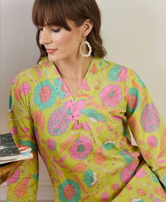 Women Floral Printed Regular Sequinned Pure Cotton Kurta with Trousers 2