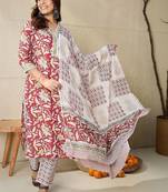Women Floral Printed Regular Thread Work Pure Cotton Kurta with Trousers & With Dupatta