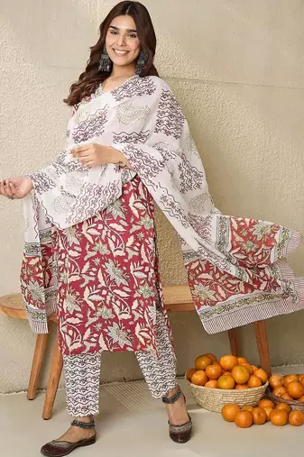Women Floral Printed Regular Thread Work Pure Cotton Kurta with Trousers & With Dupatta