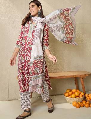 Women Floral Printed Regular Thread Work Pure Cotton Kurta with Trousers & With Dupatta 6