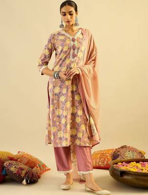 Women Floral Printed Regular Thread Work  Cotton Kurta with Trousers & With Dupatta 1
