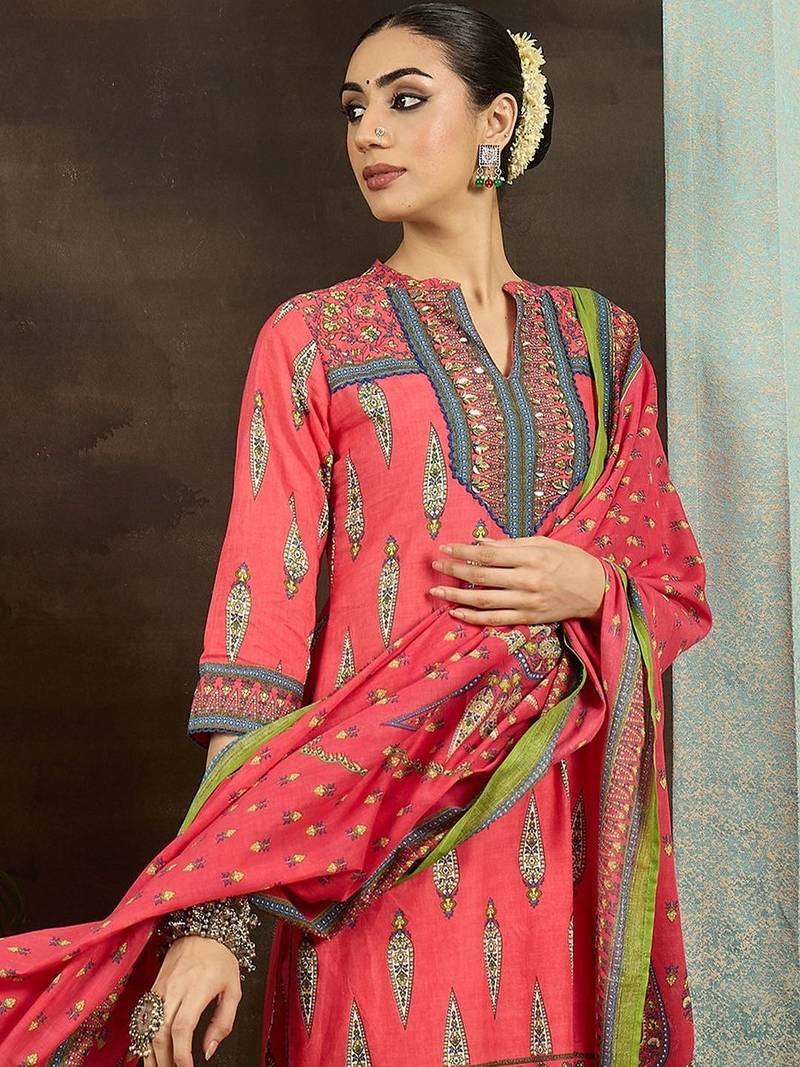 Women Ethnic Motifs Printed Regular Pure Cotton Kurta with Trousers & With Dupatta