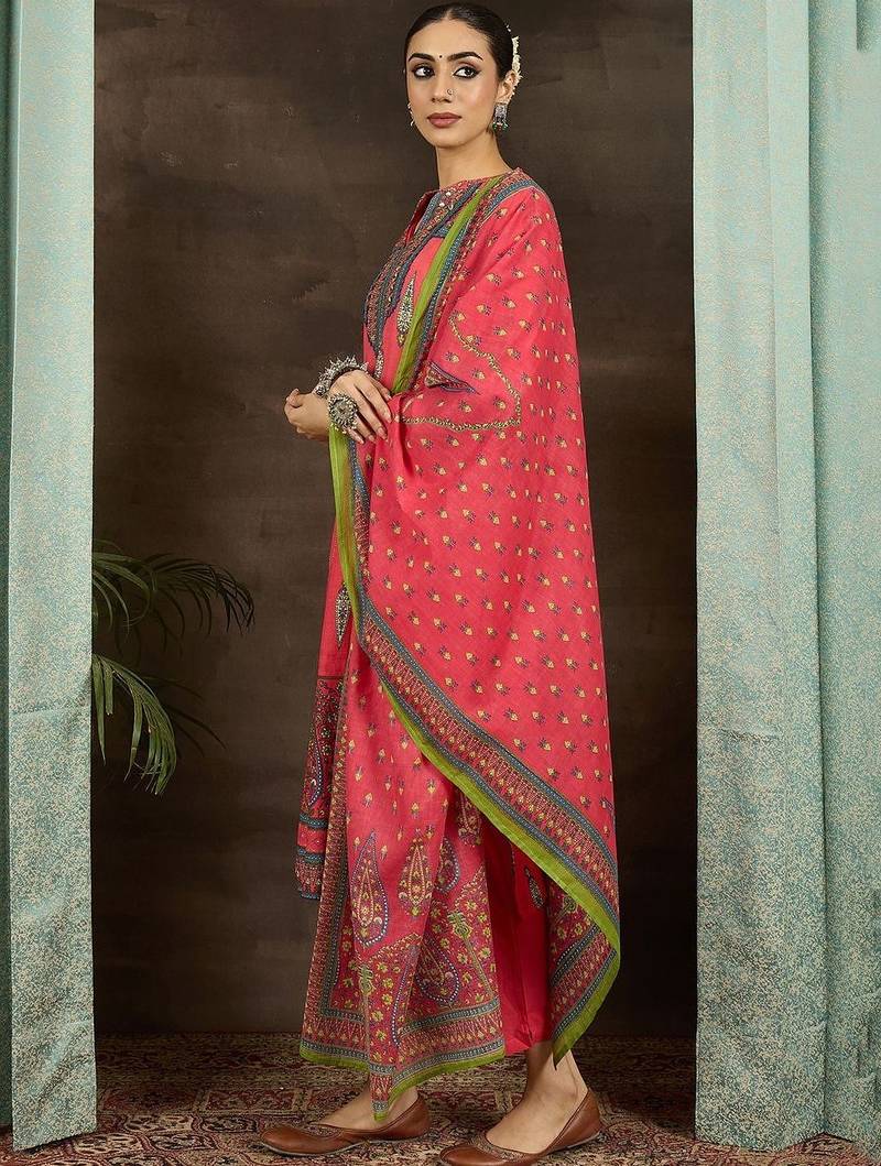 Women Ethnic Motifs Printed Regular Pure Cotton Kurta with Trousers & With Dupatta