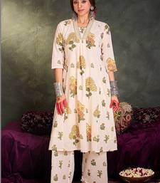 Women Floral Printed Pleated Thread Work  Cotton Kurta with Trousers