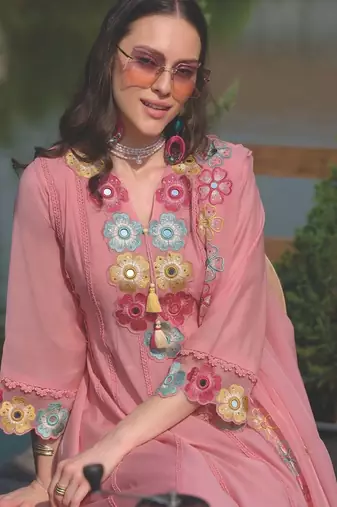 Women Floral Embroidered Regular Mirror Work Kurta with Trousers & With Dupatta