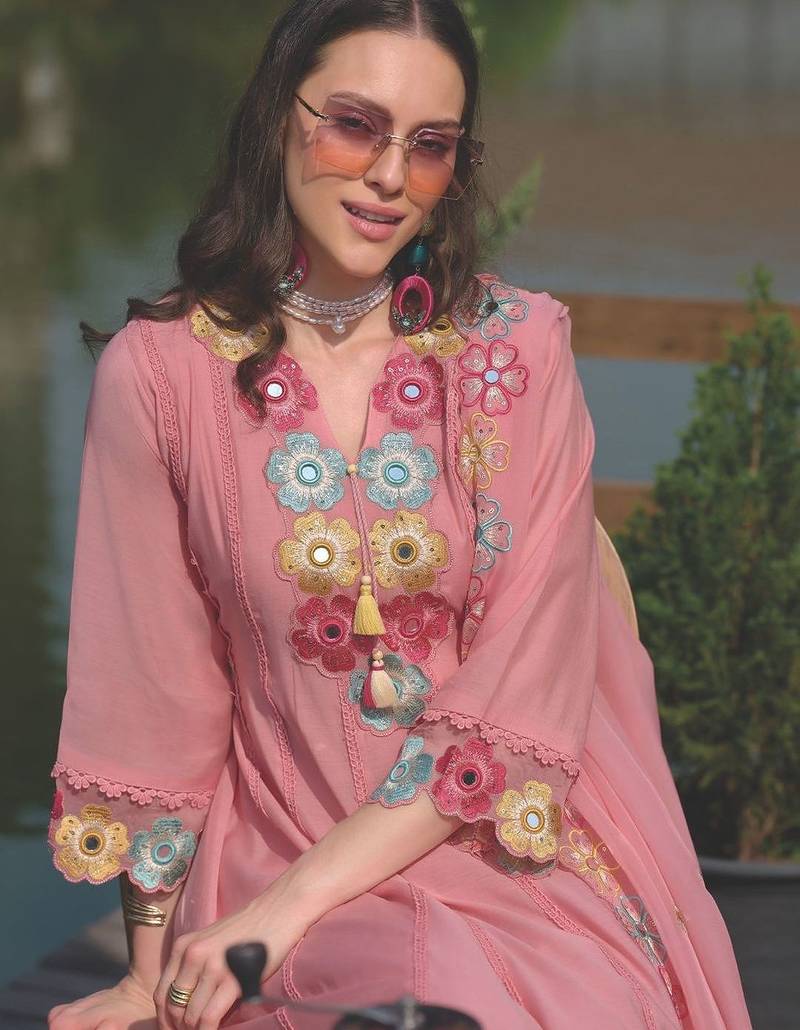 Women Floral Embroidered Regular Mirror Work Kurta with Trousers & With Dupatta