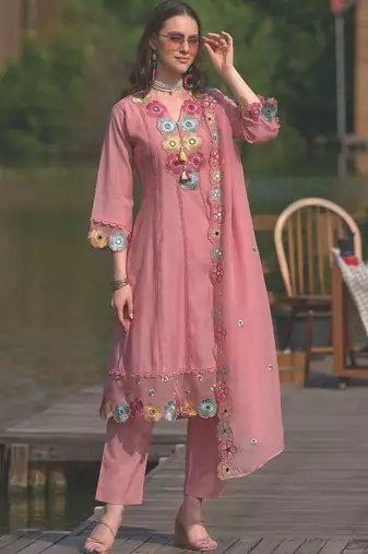 Women Floral Embroidered Regular Mirror Work Kurta with Trousers & With Dupatta
