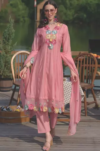 Women Floral Embroidered Regular Mirror Work Kurta with Trousers & With Dupatta