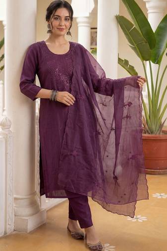 Women Ethnic Motifs Embroidered Regular Sequinned Kurta with Trousers & With Dupatta