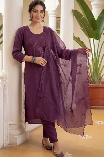 Women Ethnic Motifs Embroidered Regular Sequinned Kurta with Trousers & With Dupatta