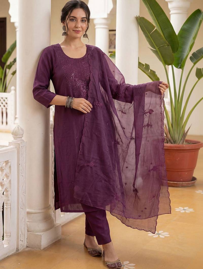Women Ethnic Motifs Embroidered Regular Sequinned Kurta with Trousers & With Dupatta