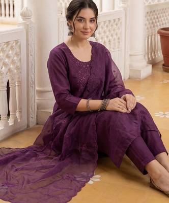 Women Ethnic Motifs Embroidered Regular Sequinned Kurta with Trousers & With Dupatta 5
