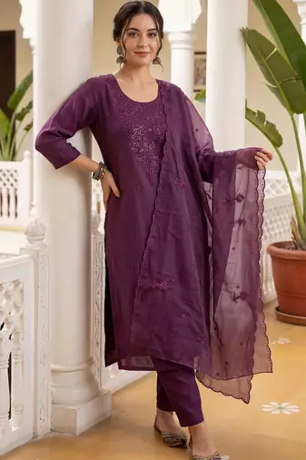 Women Ethnic Motifs Embroidered Regular Sequinned Kurta with Trousers & With Dupatta