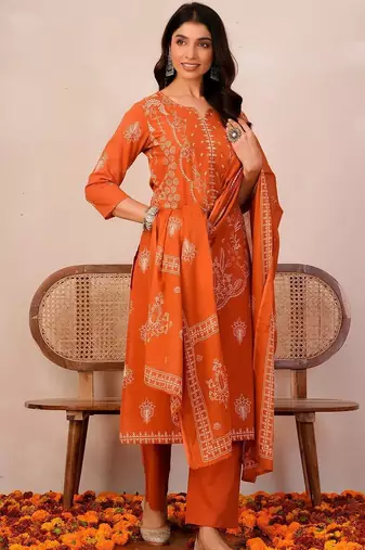 Women Ethnic Motifs Printed Regular Pure Cotton Kurta with Trousers & With Dupatta