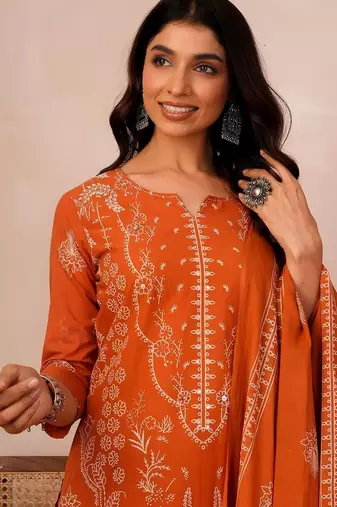 Women Ethnic Motifs Printed Regular Pure Cotton Kurta with Trousers & With Dupatta