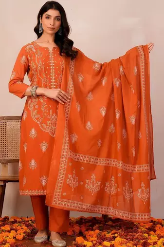 Women Ethnic Motifs Printed Regular Pure Cotton Kurta with Trousers & With Dupatta