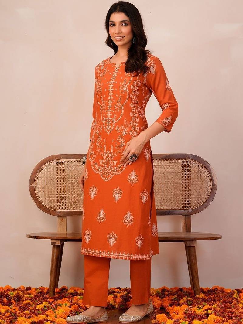 Women Ethnic Motifs Printed Regular Pure Cotton Kurta with Trousers & With Dupatta