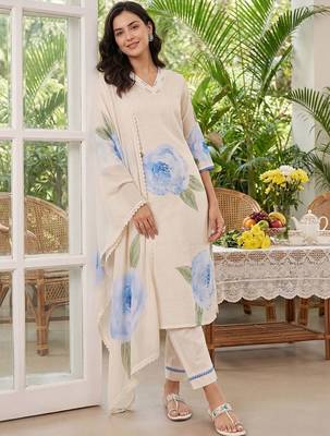 Women Floral Printed Regular Thread Work Linen Kurta with Trousers & With Dupatta 1