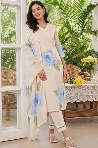 Women Floral Printed Regular Thread Work Linen Kurta with Trousers & With Dupatta