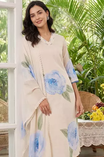 Women Floral Printed Regular Thread Work Linen Kurta with Trousers & With Dupatta