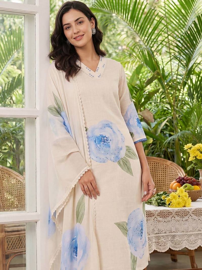 Women Floral Printed Regular Thread Work Linen Kurta with Trousers & With Dupatta