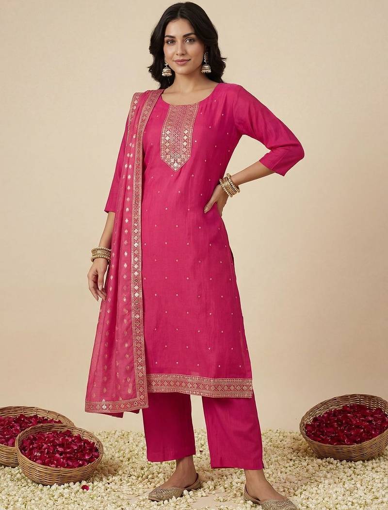 Women Ethnic Motifs Embroidered Regular Sequinned Kurta with Trousers & With Dupatta