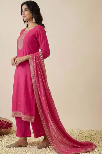 Women Ethnic Motifs Embroidered Regular Sequinned Kurta with Trousers & With Dupatta
