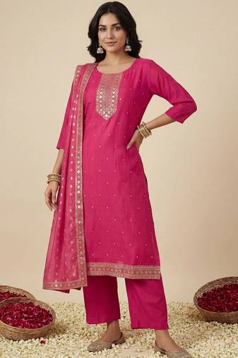 Women Ethnic Motifs Embroidered Regular Sequinned Kurta with Trousers & With Dupatta