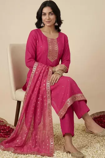 Women Ethnic Motifs Embroidered Regular Sequinned Kurta with Trousers & With Dupatta