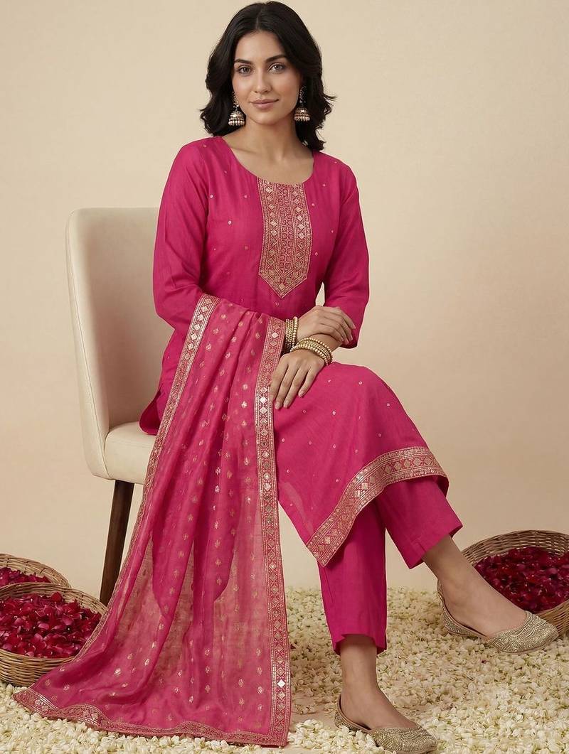 Women Ethnic Motifs Embroidered Regular Sequinned Kurta with Trousers & With Dupatta