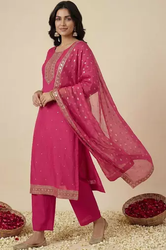 Women Ethnic Motifs Embroidered Regular Sequinned Kurta with Trousers & With Dupatta