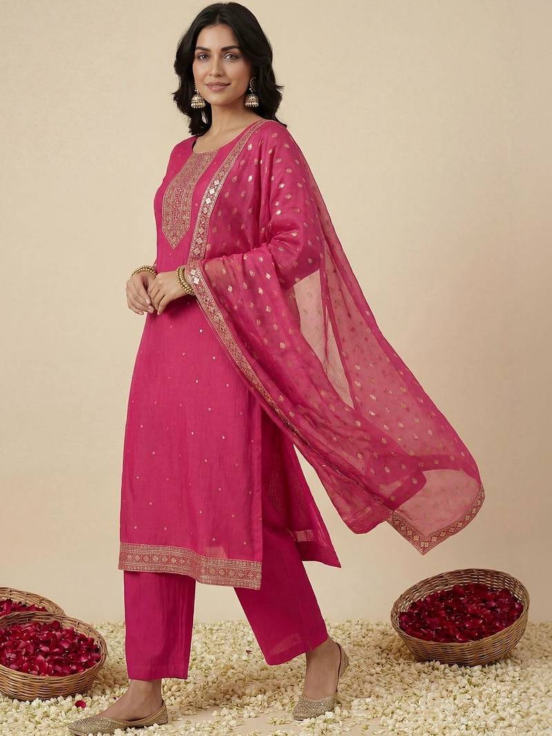 Women Ethnic Motifs Embroidered Regular Sequinned Kurta with Trousers & With Dupatta