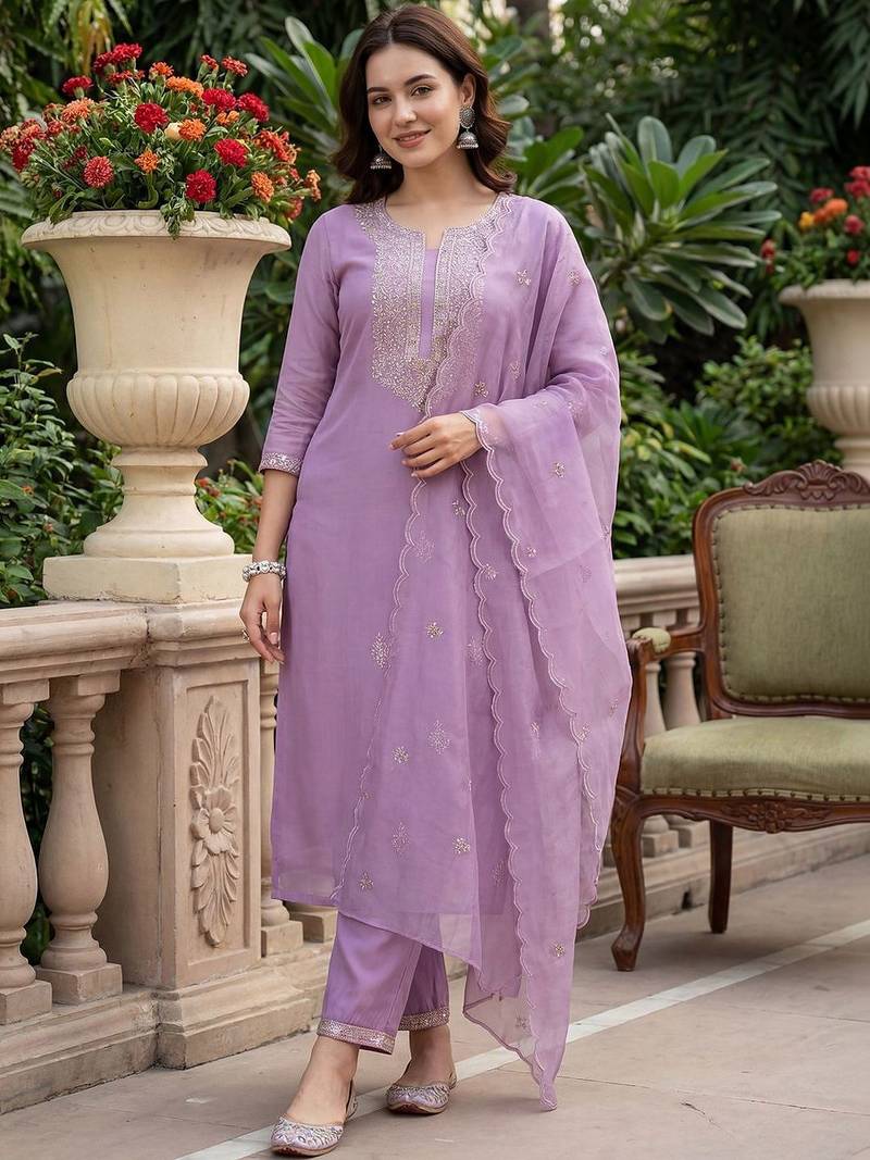 Women Ethnic Motifs Embroidered Regular Sequinned Kurta with Trousers & With Dupatta