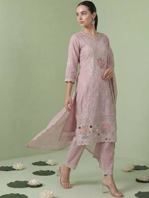 Women Floral Embroidered Regular Sequinned Pure Cotton Kurta with Trousers & With Dupatta 1