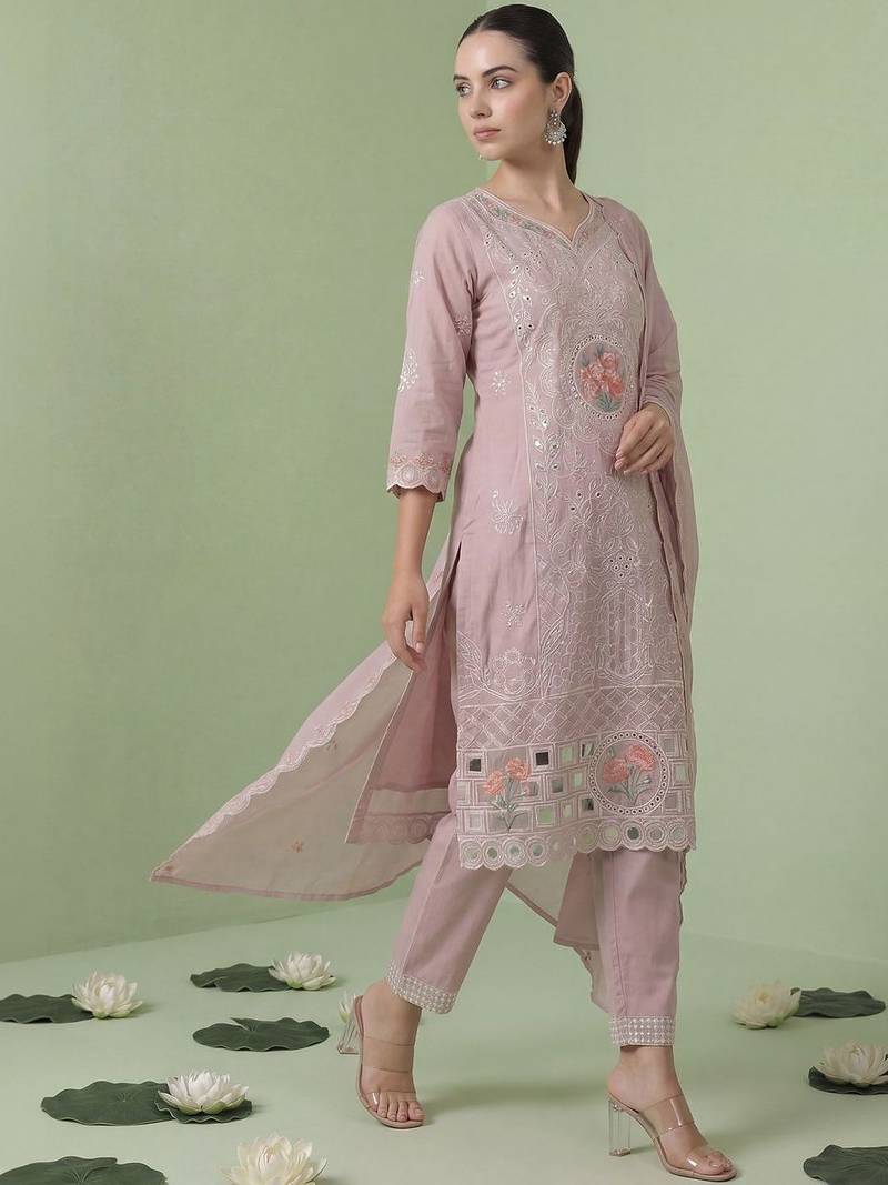 Women Floral Embroidered Regular Sequinned Pure Cotton Kurta with Trousers & With Dupatta