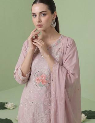 Women Floral Embroidered Regular Sequinned Pure Cotton Kurta with Trousers & With Dupatta 2