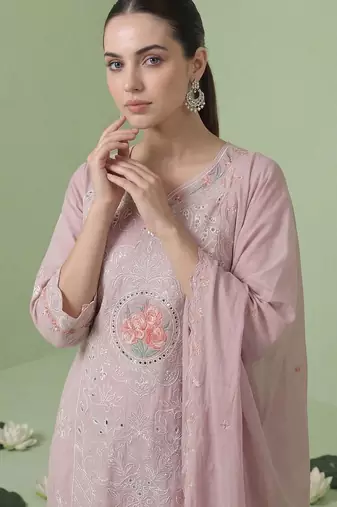 Women Floral Embroidered Regular Sequinned  Cotton Kurta with Trousers & With Dupatta