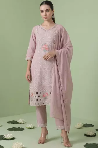 Women Floral Embroidered Regular Sequinned  Cotton Kurta with Trousers & With Dupatta