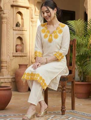 Women Floral Embroidered Regular Thread Work Pure Cotton Kurta with Trousers 5