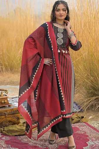 Red Printed Straight Kurta Trousers Dupatta Set Kurta Sets