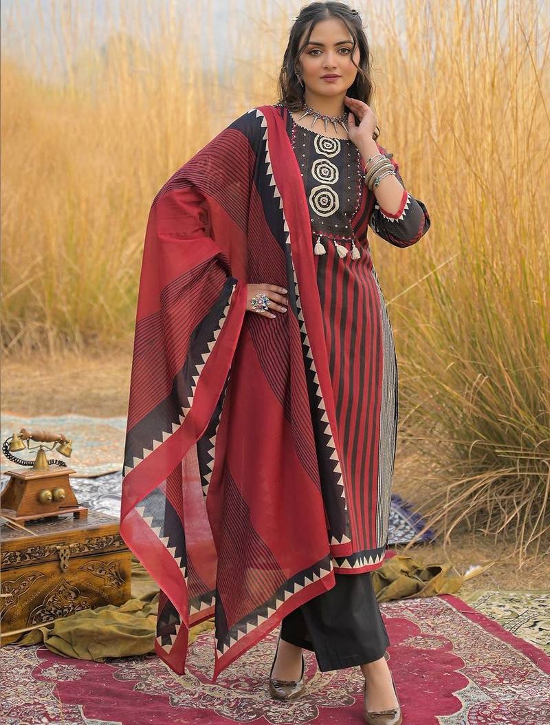 Red Printed Straight Kurta Trousers Dupatta Set Kurta Sets
