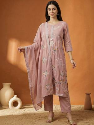Women Floral Embroidered Regular Thread Work Pure Cotton Kurta with Trousers & With Dupatta 1