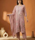 Women Floral Embroidered Regular Thread Work Pure Cotton Kurta with Trousers & With Dupatta