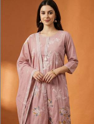 Women Floral Embroidered Regular Thread Work Pure Cotton Kurta with Trousers & With Dupatta 2
