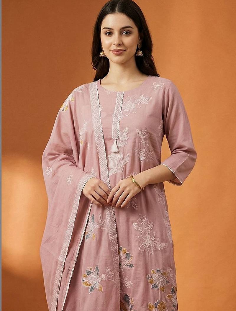Women Floral Embroidered Regular Thread Work Pure Cotton Kurta with Trousers & With Dupatta