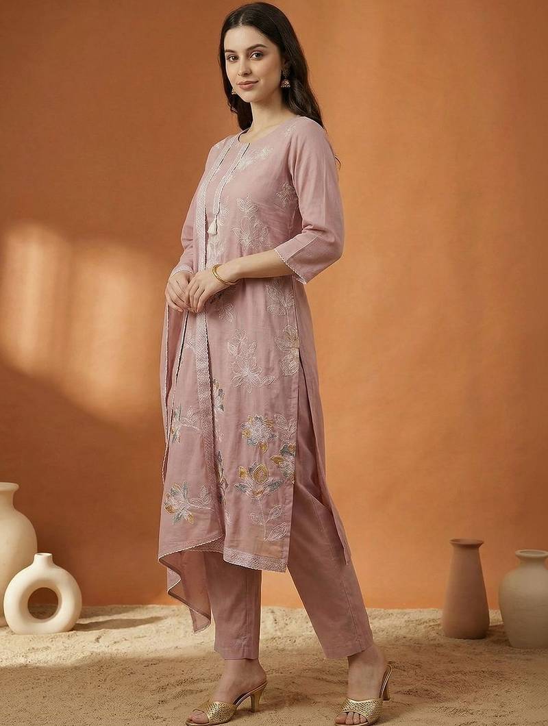 Women Floral Embroidered Regular Thread Work Pure Cotton Kurta with Trousers & With Dupatta