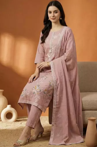 Women Floral Embroidered Regular Thread Work Pure Cotton Kurta with Trousers & With Dupatta