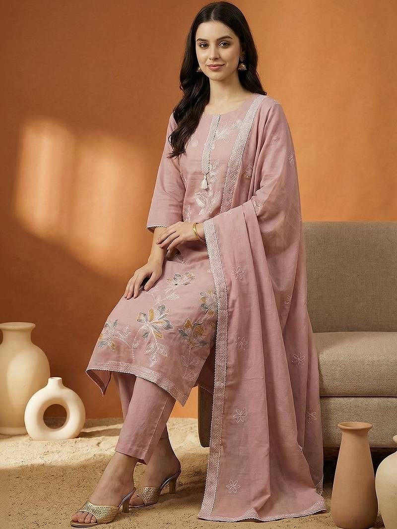 Women Floral Embroidered Regular Thread Work Pure Cotton Kurta with Trousers & With Dupatta