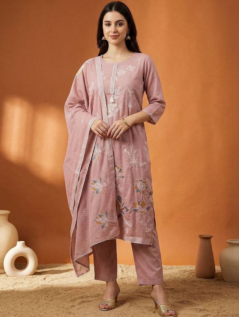 Women Floral Embroidered Regular Thread Work Pure Cotton Kurta with Trousers & With Dupatta